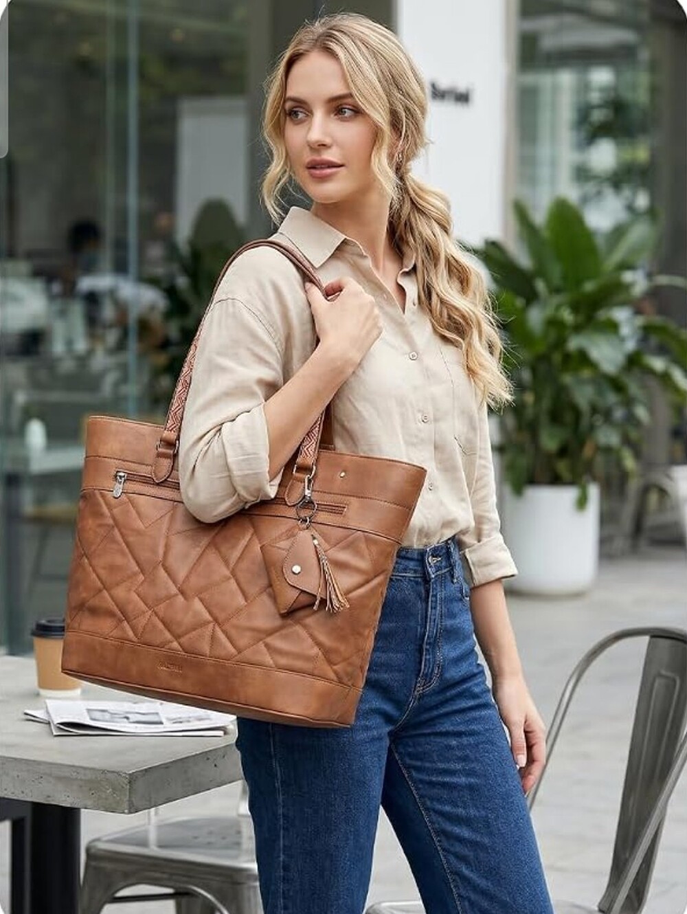 Fadeon Brown Quilted Soft Faux Leather Extra Large Laptop Tote With Strap. - Picture 3 of 16